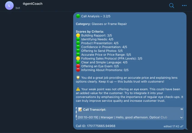 Retail Call Center Analytics: Call quality analysis in Telegram