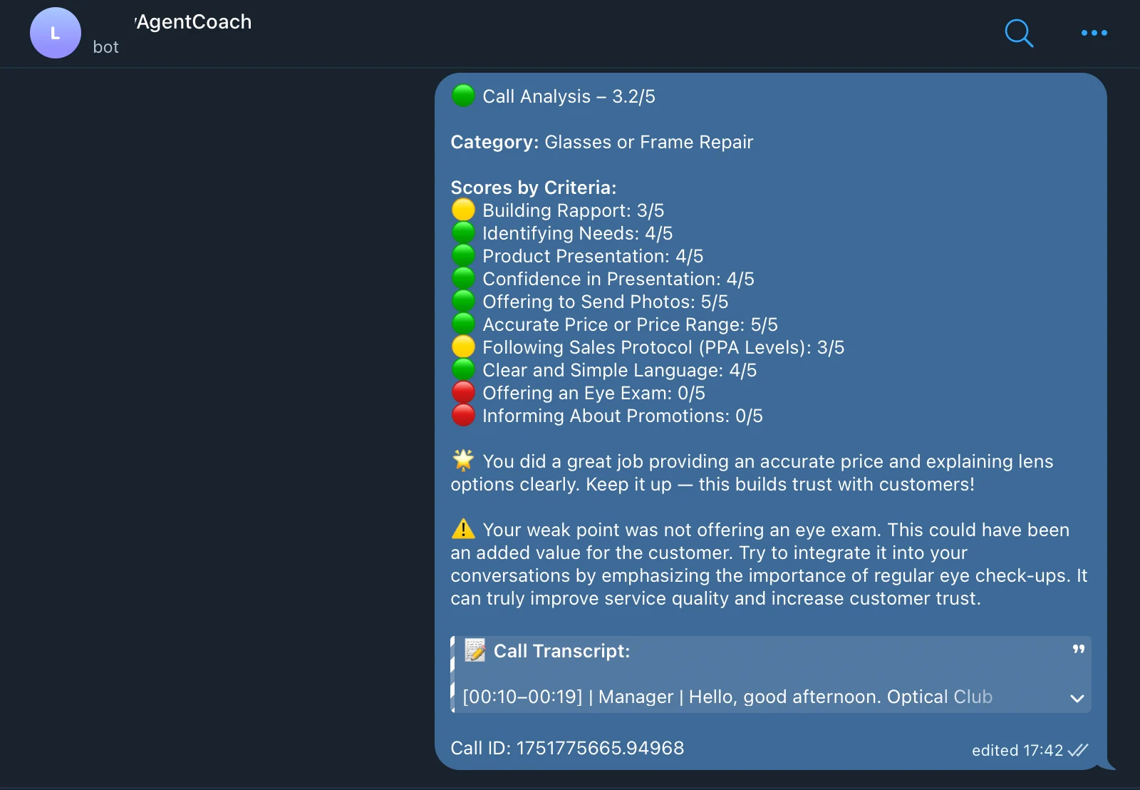 Retail Call Center Analytics: Call quality analysis in Telegram