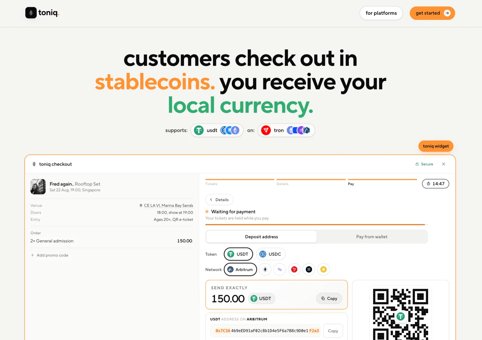 Toniq: Stablecoin checkout on the Toniq website
