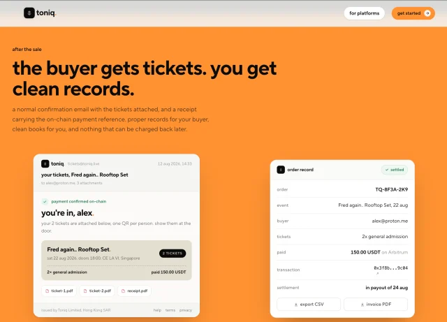 Toniq: Ticket delivery and event entry