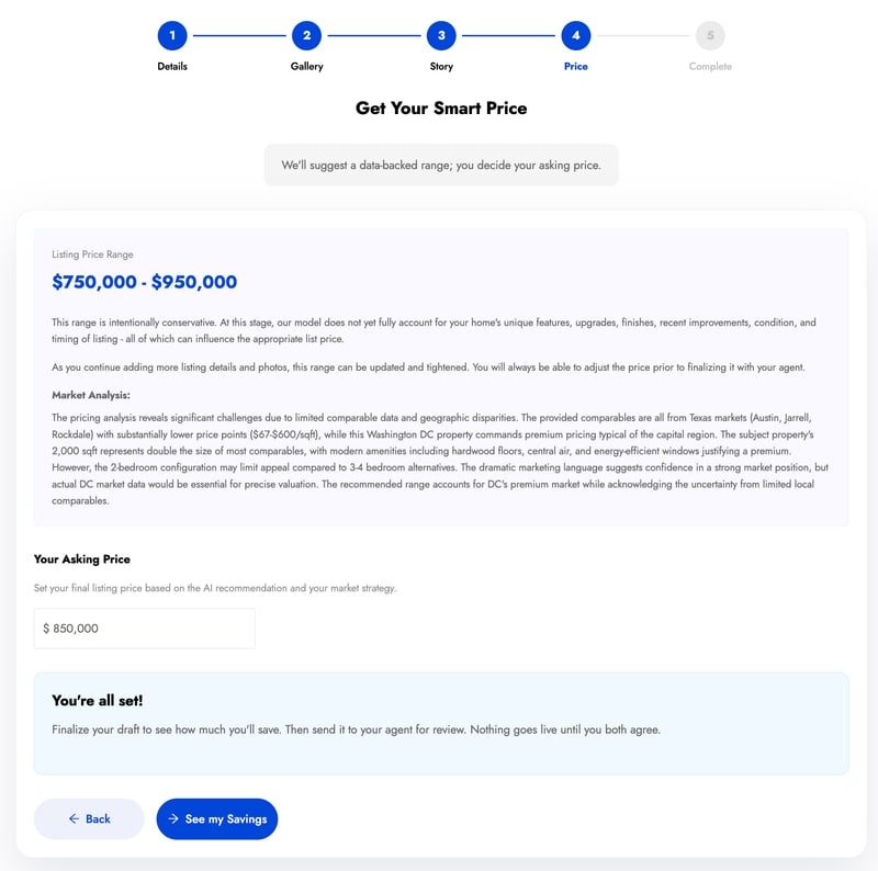 Saveero AI property evaluation screen with a suggested price range and market analysis